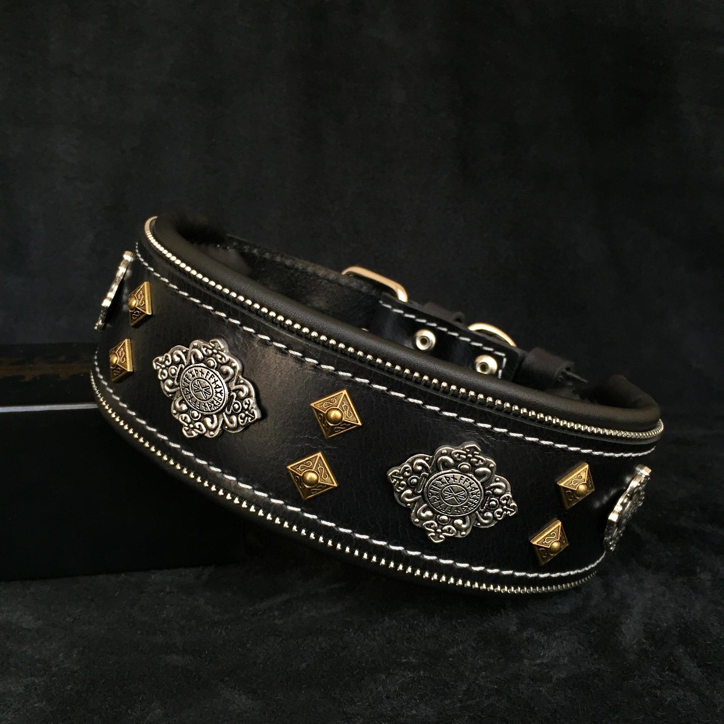 “Aztec” Black Leather Dog Collar